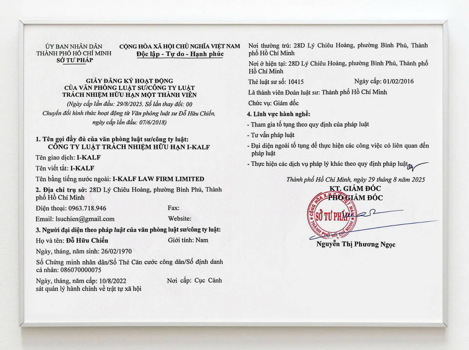 Chứng nhận cho Giấy đăng ký hoạt động CÔNG TY LUẬT TRÁCH NHIỆM HỮU HẠN I-KALF