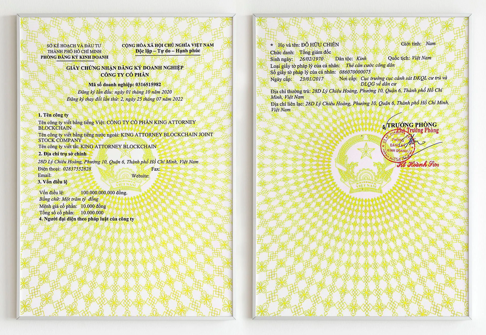 Chứng nhận cho Giấy đăng ký hoạt động kinh doanh HỆ SINH THÁI KA