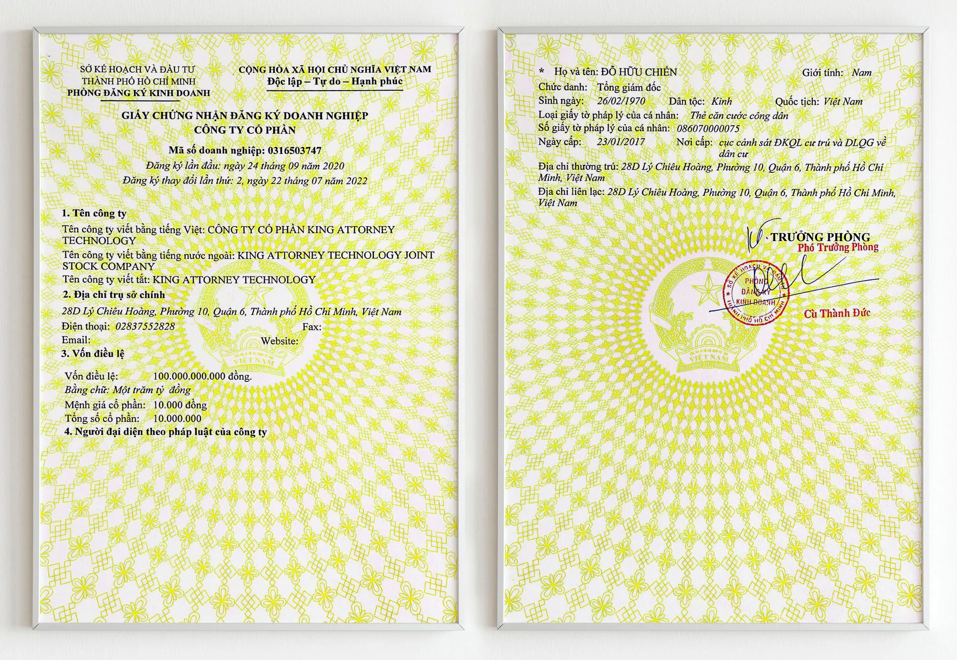 Chứng nhận cho Giấy đăng ký hoạt động kinh doanh HỆ SINH THÁI KA