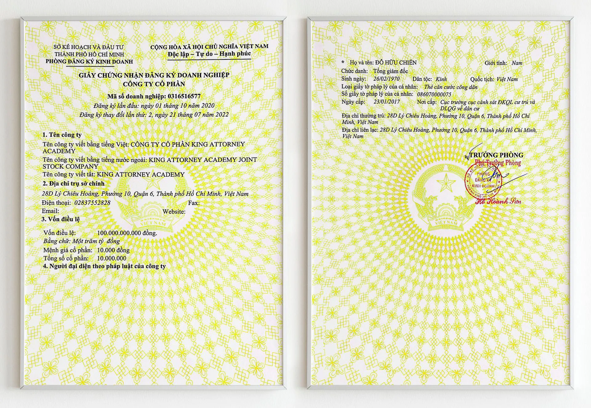 Chứng nhận cho Giấy đăng ký hoạt động kinh doanh HỆ SINH THÁI KA