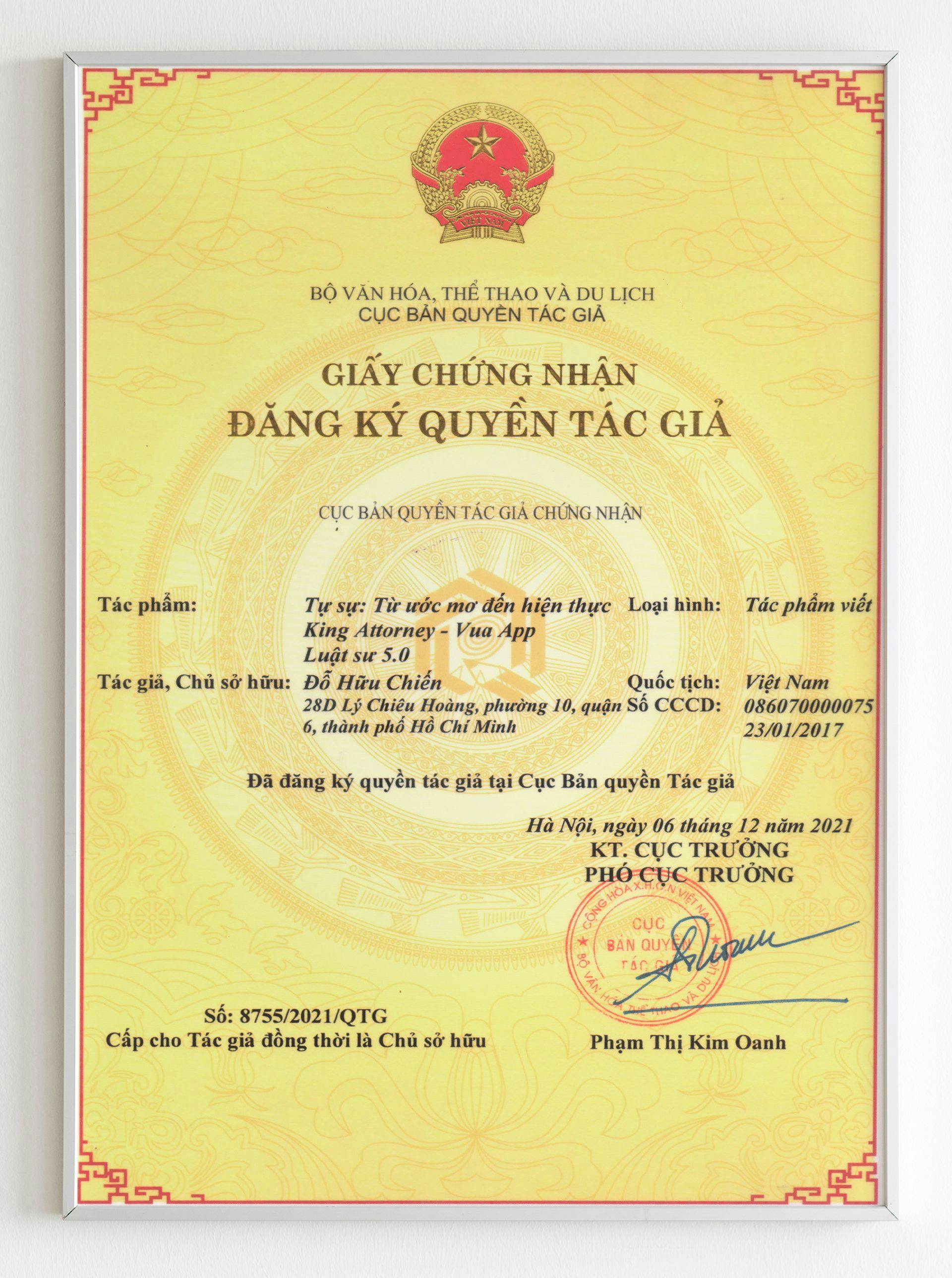 Chứng nhận cho Giấy đăng ký bảo hộ quyền tác giả HỆ SINH THÁI KA