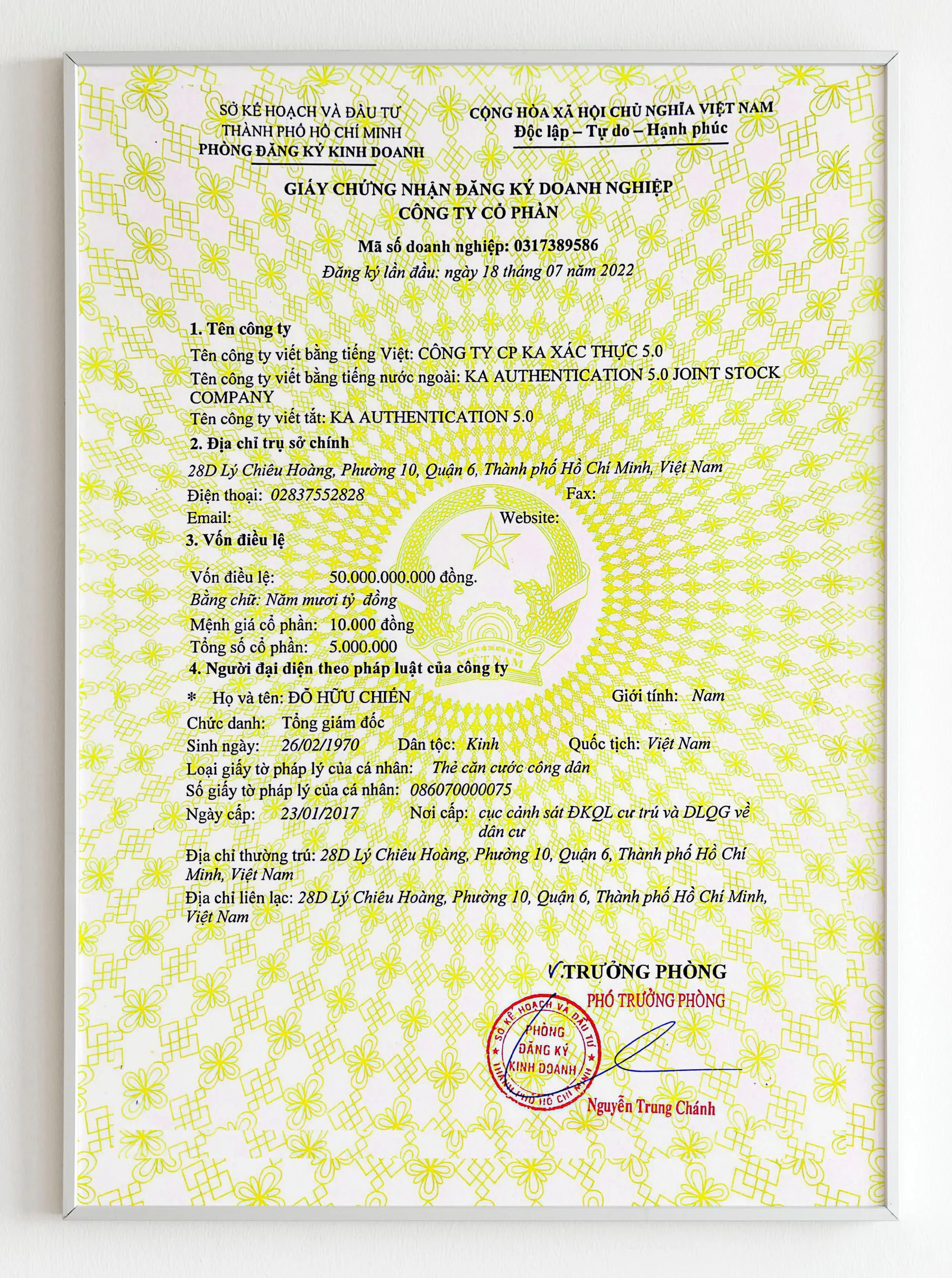 Chứng nhận cho Giấy đăng ký hoạt động kinh doanh CÁC DỰ ÁN KA
