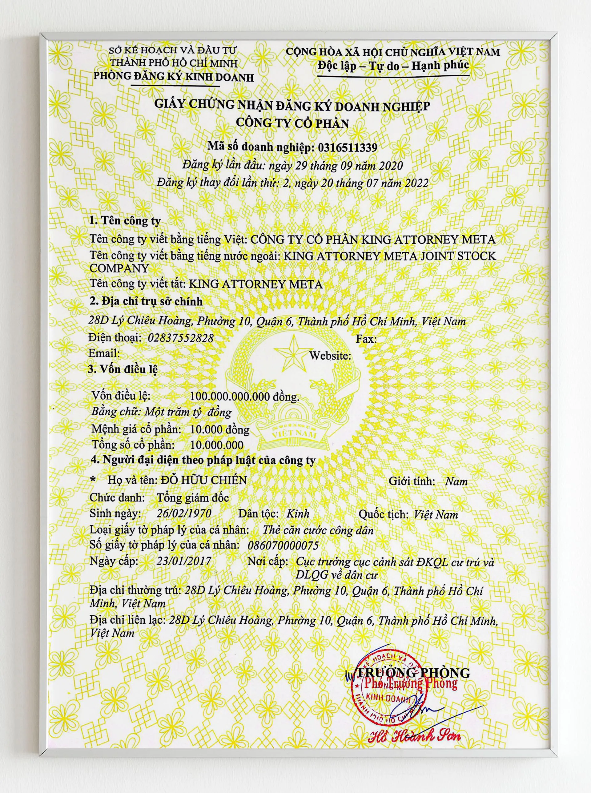 Chứng nhận cho Giấy đăng ký hoạt động kinh doanh HỆ SINH THÁI KA