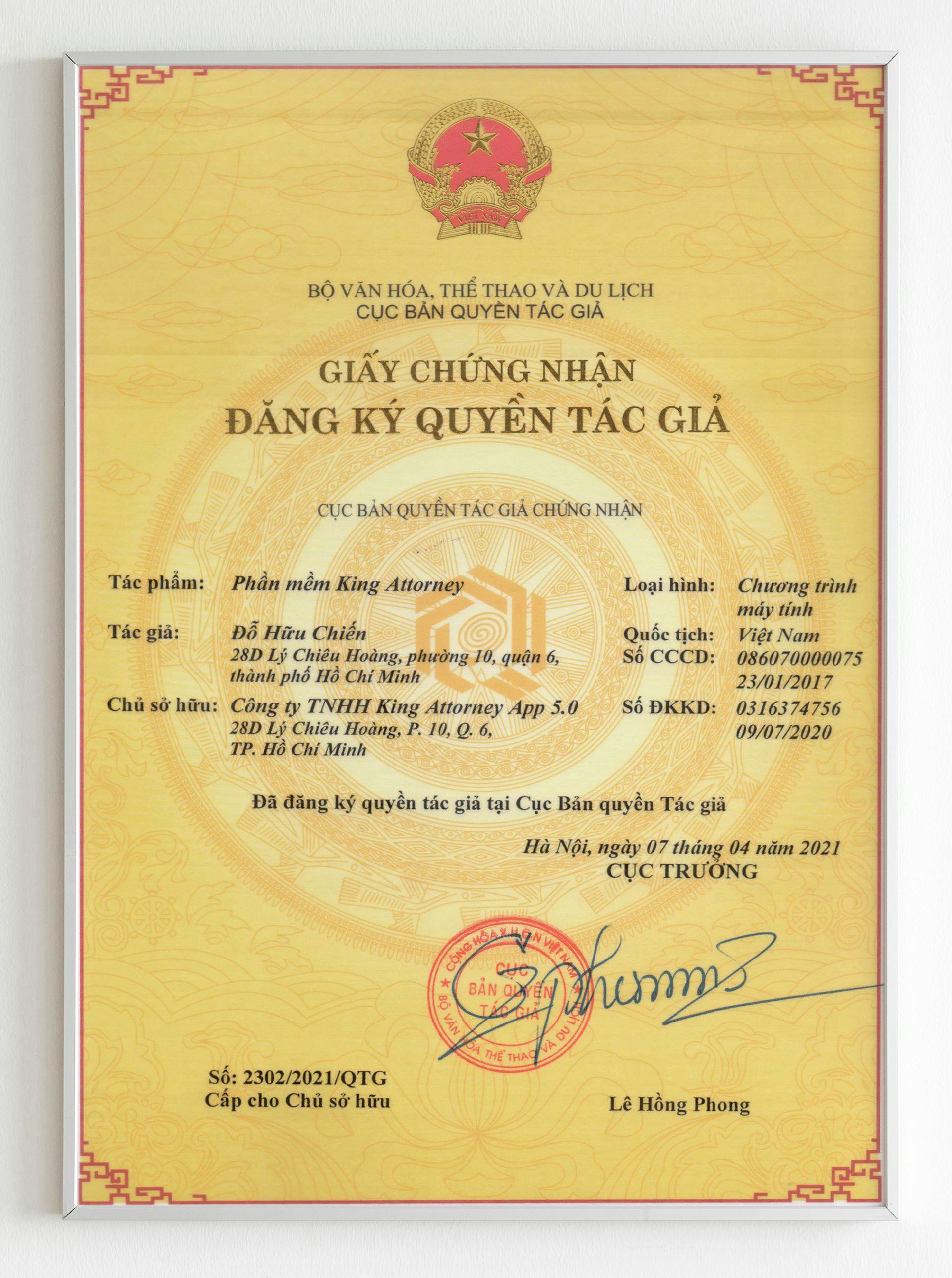 Chứng nhận cho Giấy đăng ký bảo hộ quyền tác giả HỆ SINH THÁI KA