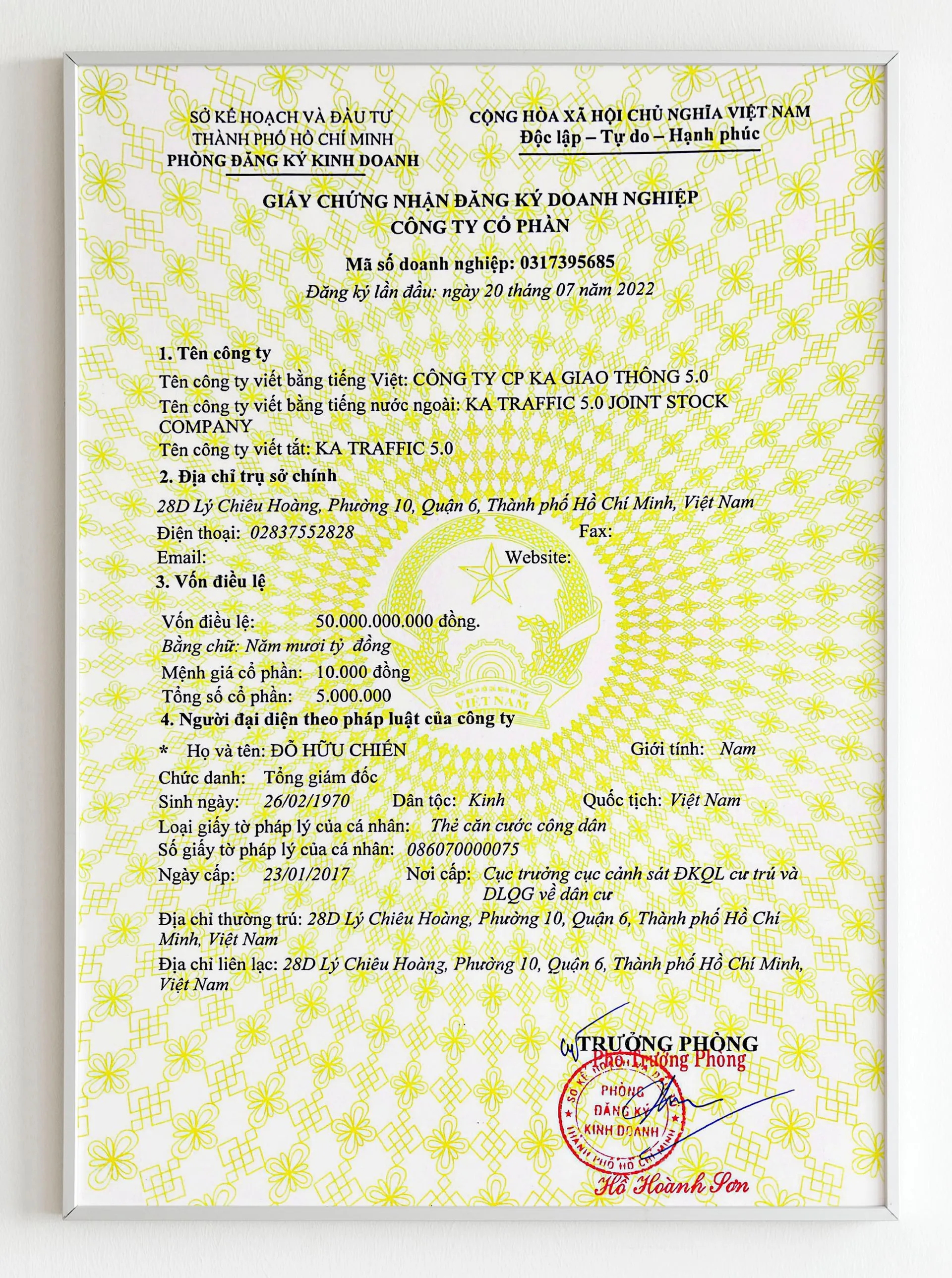 Chứng nhận cho Giấy đăng ký hoạt động kinh doanh CÁC DỰ ÁN KA